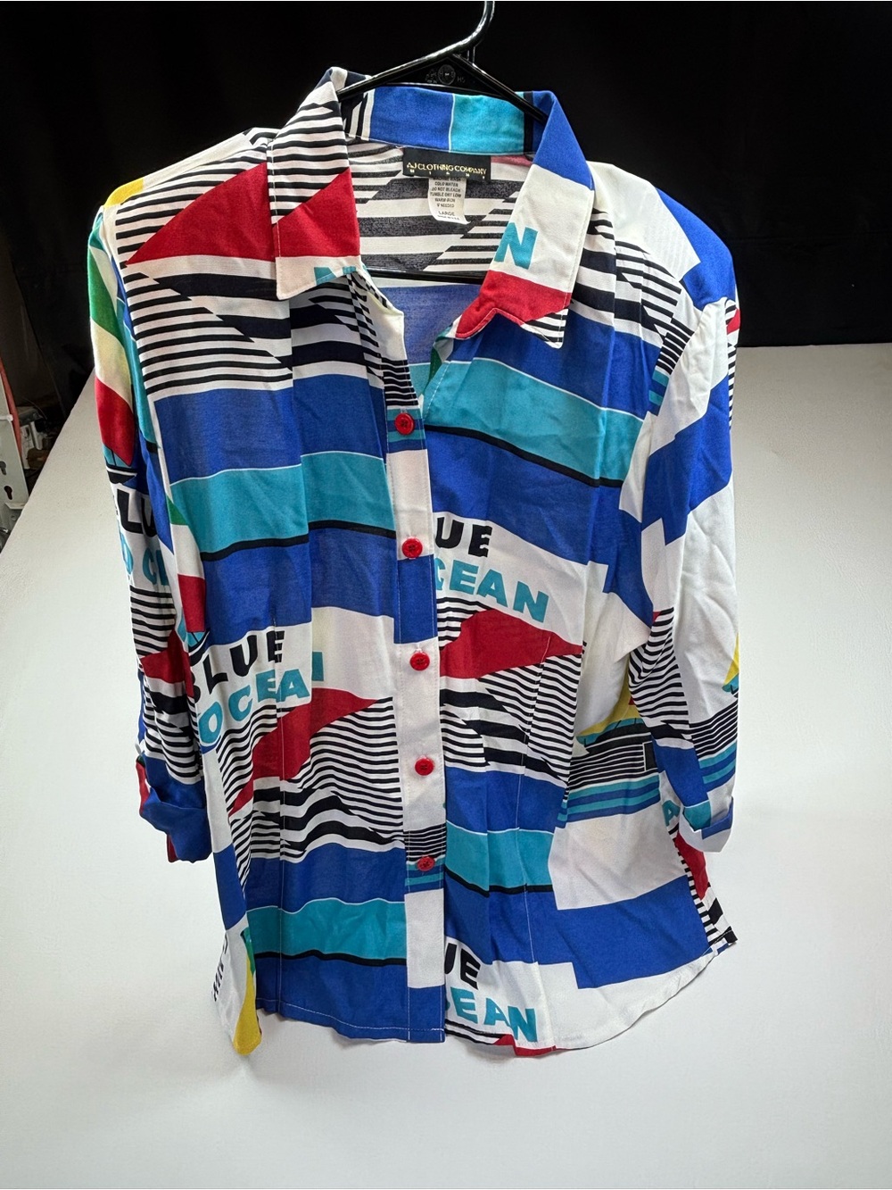 AJ Clothing Company Vintage 90s Button Down Shirt Large Blue Ocean Shoulder Pads